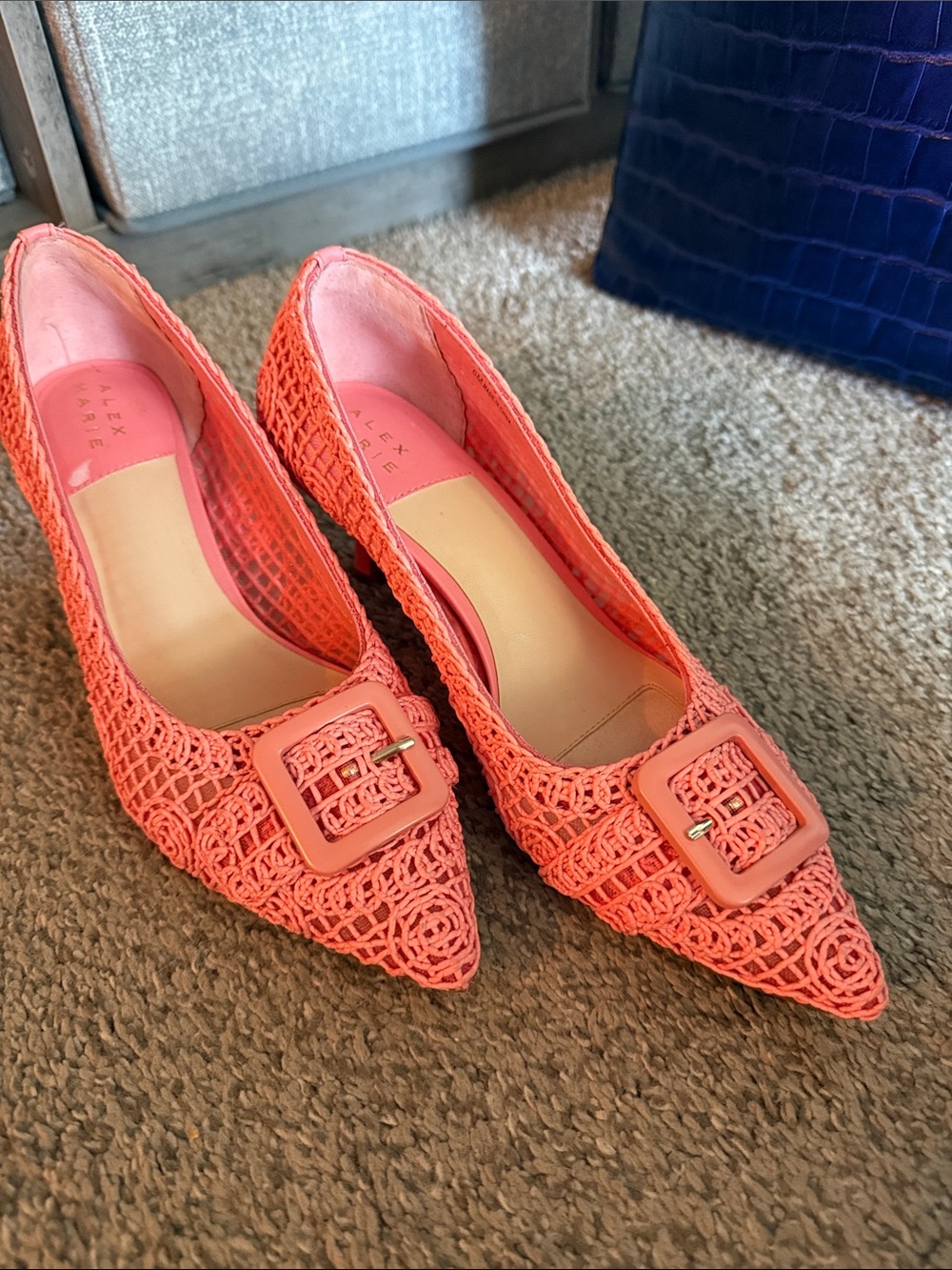 Alex Marie Coral Pink Woven Pointed-Toe Heels